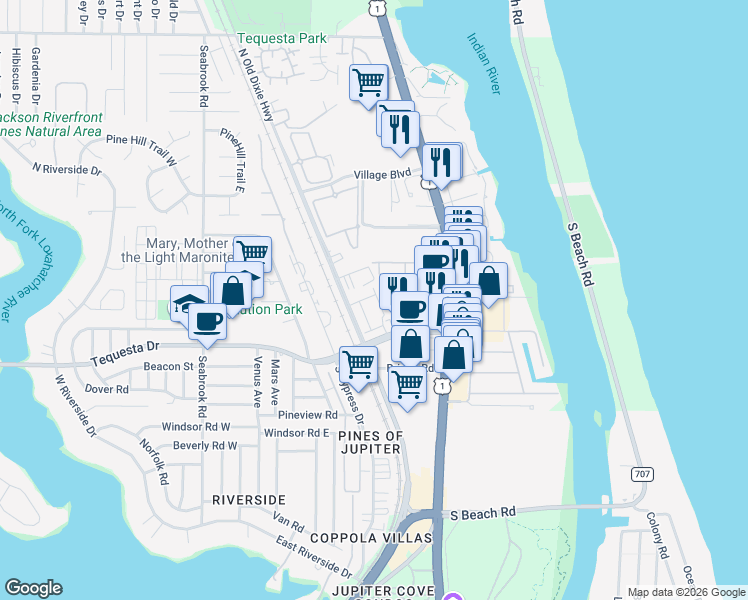 map of restaurants, bars, coffee shops, grocery stores, and more near 104 Lighthouse Circle in Tequesta
