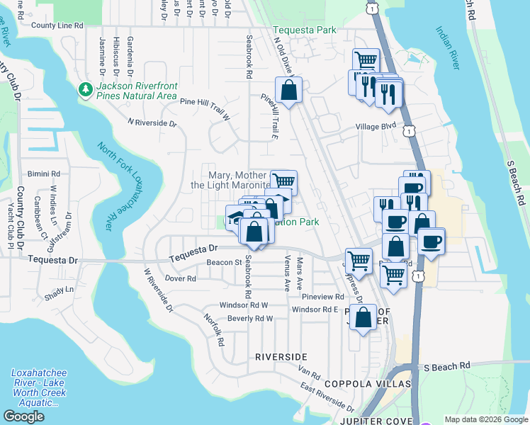 map of restaurants, bars, coffee shops, grocery stores, and more near 19 Ridgewood Circle in Jupiter
