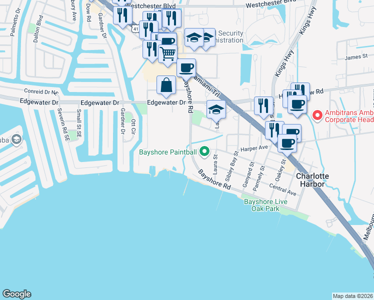 map of restaurants, bars, coffee shops, grocery stores, and more near 22901 Bayshore Road in Port Charlotte