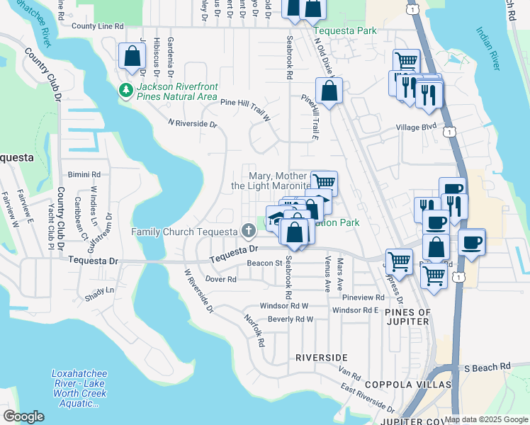 map of restaurants, bars, coffee shops, grocery stores, and more near 10 Westwood Avenue in Jupiter