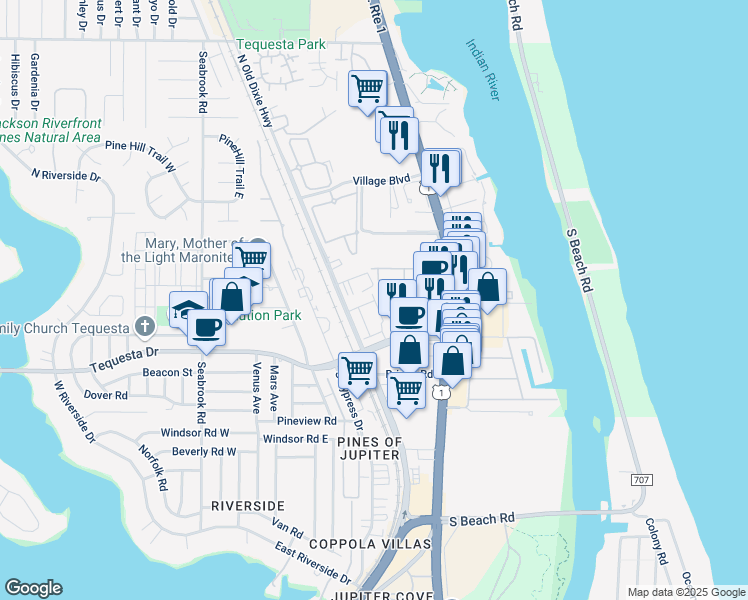 map of restaurants, bars, coffee shops, grocery stores, and more near 104 Lighthouse Circle in Tequesta
