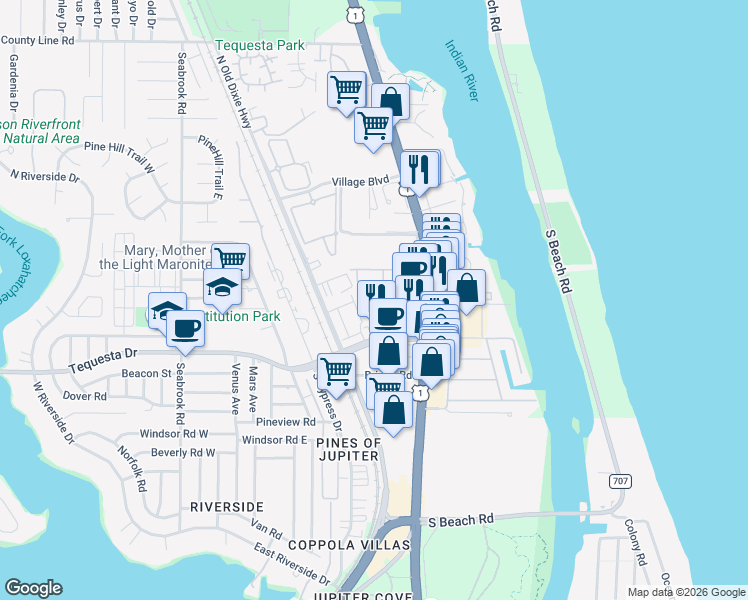 map of restaurants, bars, coffee shops, grocery stores, and more near 16 Oakland Court in Tequesta