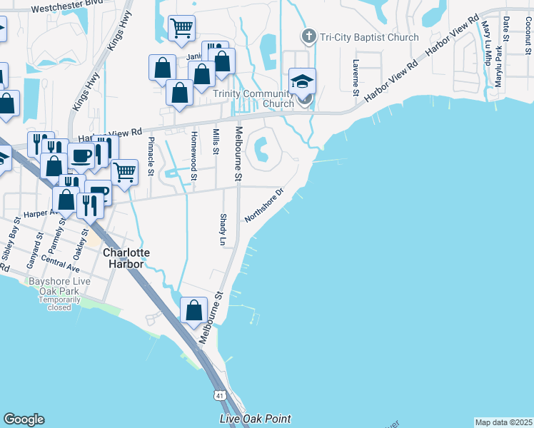 map of restaurants, bars, coffee shops, grocery stores, and more near 4478 Northshore Drive in Port Charlotte