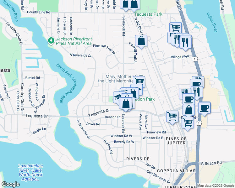 map of restaurants, bars, coffee shops, grocery stores, and more near 2 Westwood Avenue in Jupiter