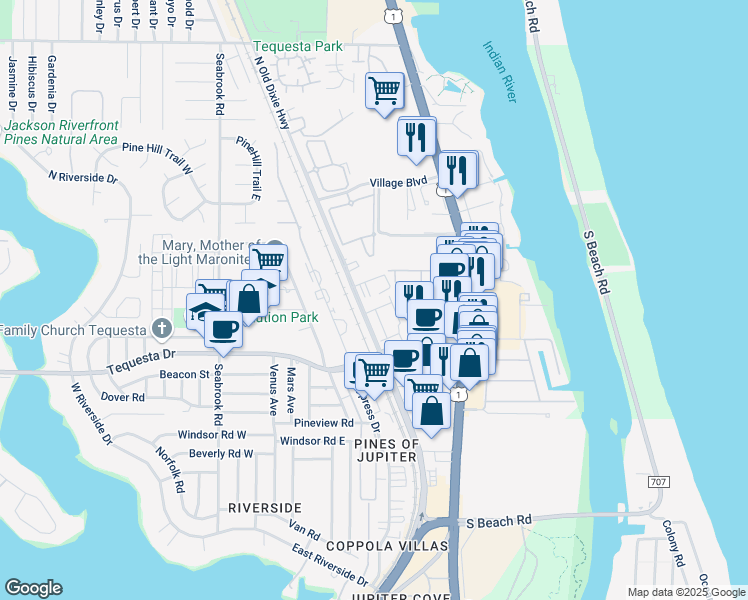 map of restaurants, bars, coffee shops, grocery stores, and more near 104 Lighthouse Circle in Tequesta