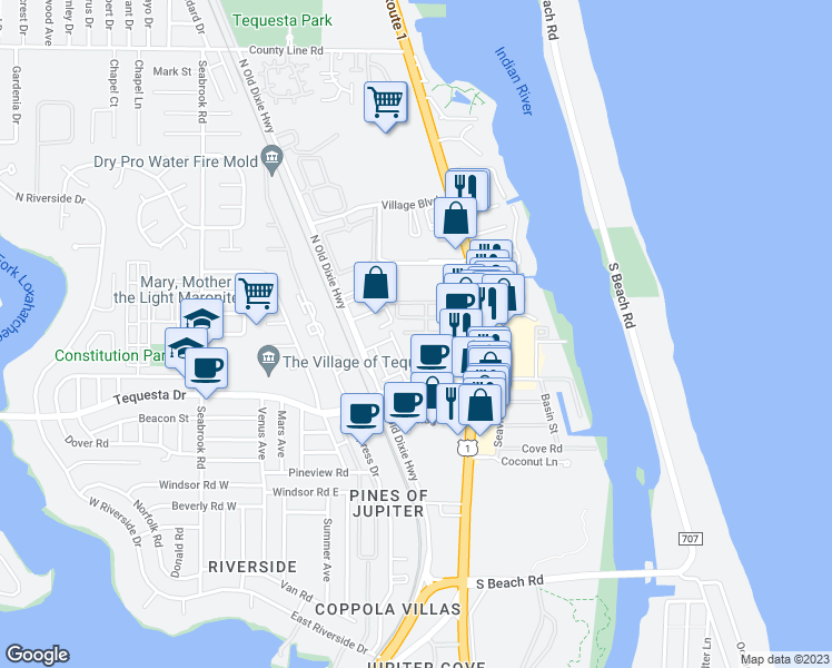 map of restaurants, bars, coffee shops, grocery stores, and more near 16 Oakland Court in Jupiter