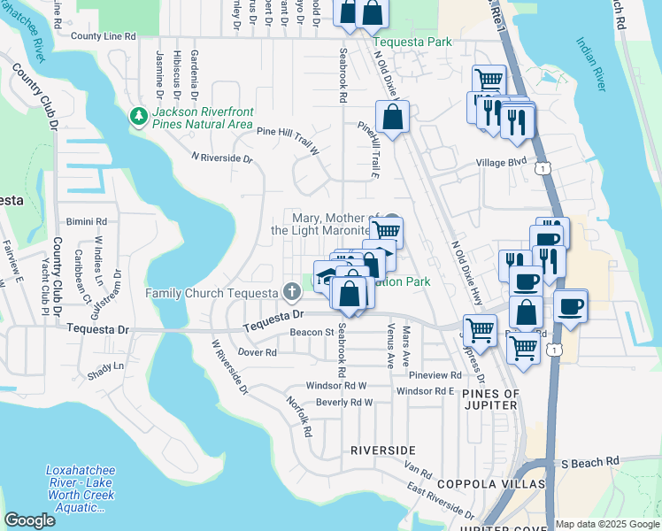 map of restaurants, bars, coffee shops, grocery stores, and more near 2 Westwood Avenue in Jupiter
