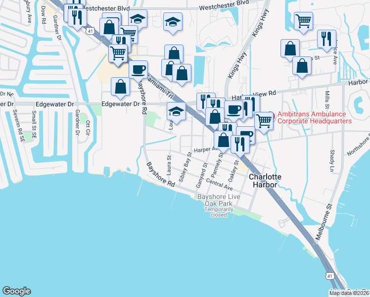map of restaurants, bars, coffee shops, grocery stores, and more near 4377 Sibley Bay Street in Port Charlotte
