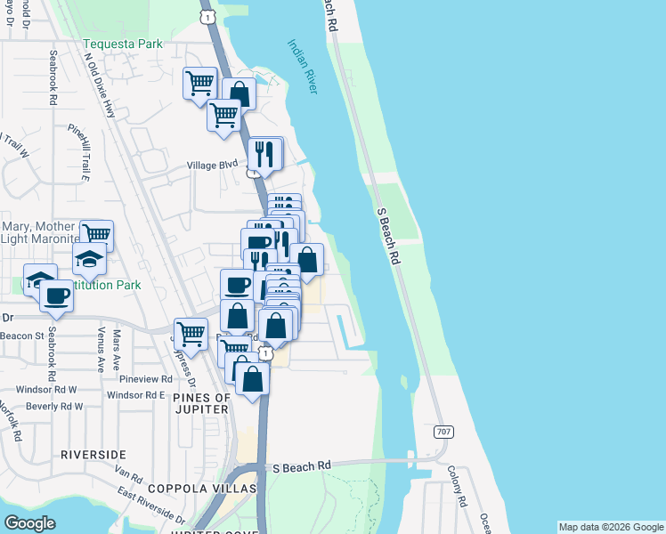 map of restaurants, bars, coffee shops, grocery stores, and more near 200 Waterway Road in Jupiter