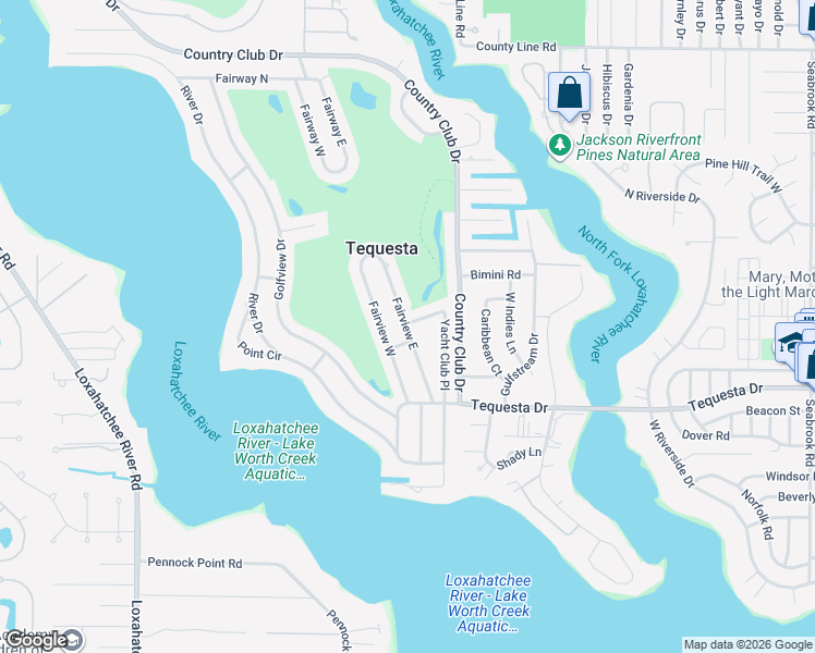 map of restaurants, bars, coffee shops, grocery stores, and more near 58 Fairview East in Tequesta