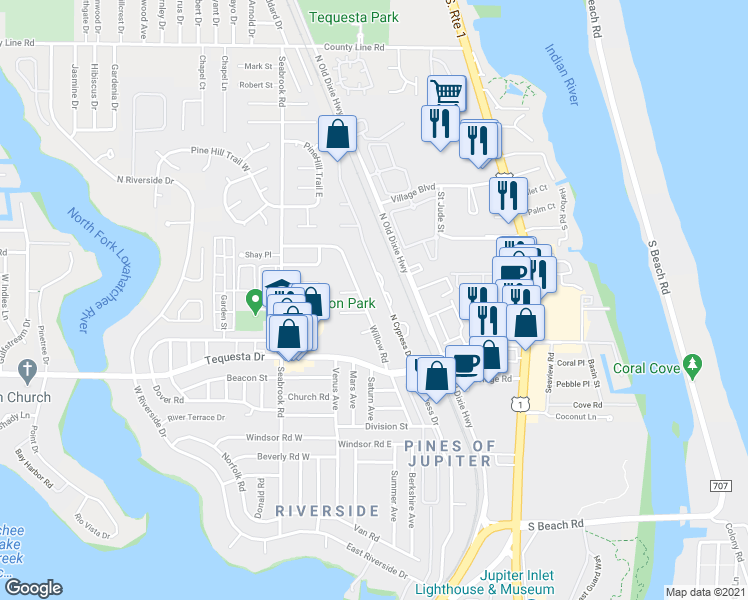map of restaurants, bars, coffee shops, grocery stores, and more near 425 North Cypress Drive in Jupiter