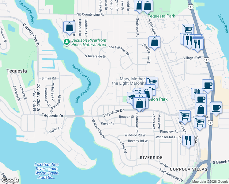 map of restaurants, bars, coffee shops, grocery stores, and more near 4416 Nicole Circle in Jupiter