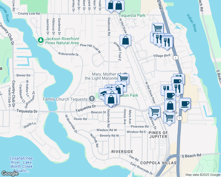map of restaurants, bars, coffee shops, grocery stores, and more near 3 Ridgewood Circle in Jupiter