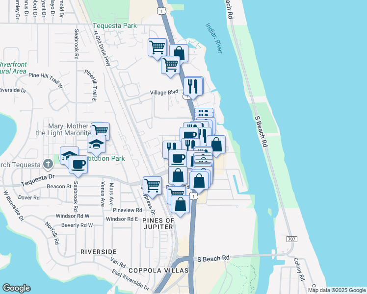 map of restaurants, bars, coffee shops, grocery stores, and more near 53 Laurel Oaks Circle in Jupiter