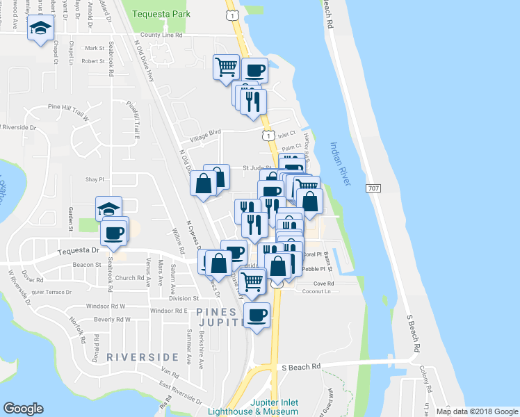 map of restaurants, bars, coffee shops, grocery stores, and more near 61 Laurel Oaks Circle in Jupiter