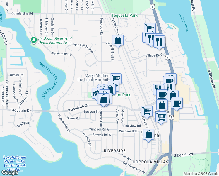 map of restaurants, bars, coffee shops, grocery stores, and more near 19 Ridgewood Cir in Jupiter