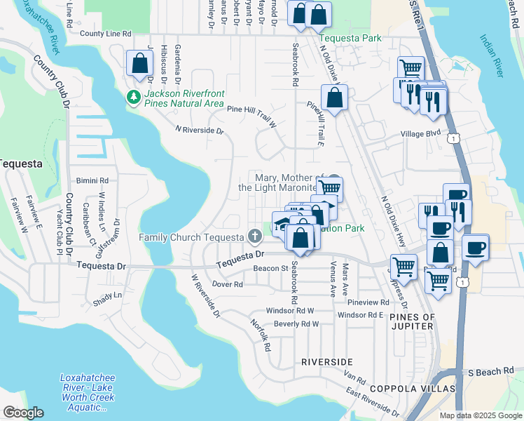 map of restaurants, bars, coffee shops, grocery stores, and more near 11 Westwood Avenue in Tequesta