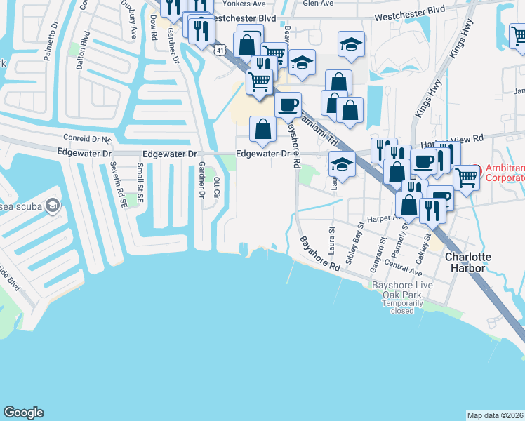 map of restaurants, bars, coffee shops, grocery stores, and more near 4399 Willow Street in Port Charlotte