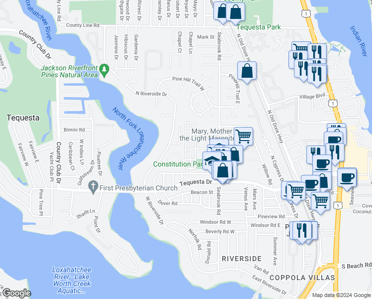 map of restaurants, bars, coffee shops, grocery stores, and more near 4416 Nicole Circle in Jupiter