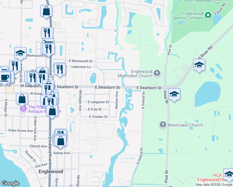 map of restaurants, bars, coffee shops, grocery stores, and more near 38 Warren Avenue in Englewood