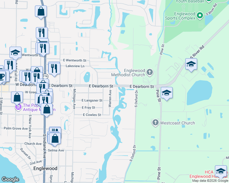 map of restaurants, bars, coffee shops, grocery stores, and more near 38 Warren Avenue in Englewood