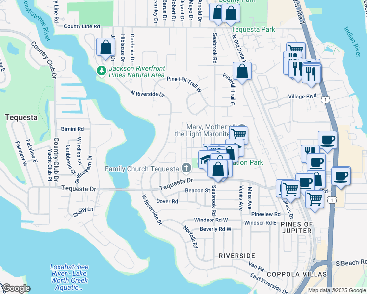 map of restaurants, bars, coffee shops, grocery stores, and more near 8 Garden Street in Jupiter