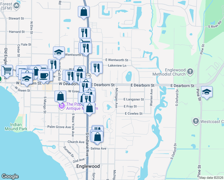 map of restaurants, bars, coffee shops, grocery stores, and more near 113 Pine Hollow Drive in Englewood
