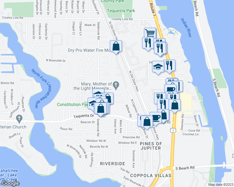 map of restaurants, bars, coffee shops, grocery stores, and more near 63 Azalea Circle in Jupiter