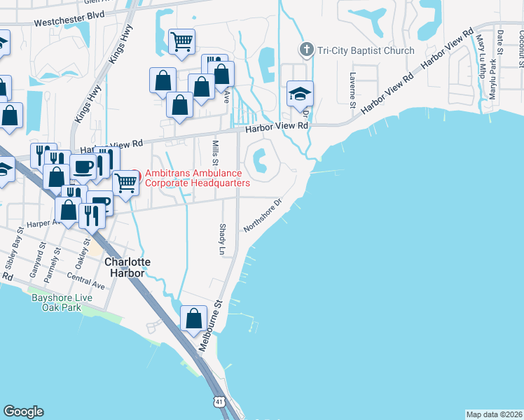 map of restaurants, bars, coffee shops, grocery stores, and more near 4478 Northshore Drive in Port Charlotte