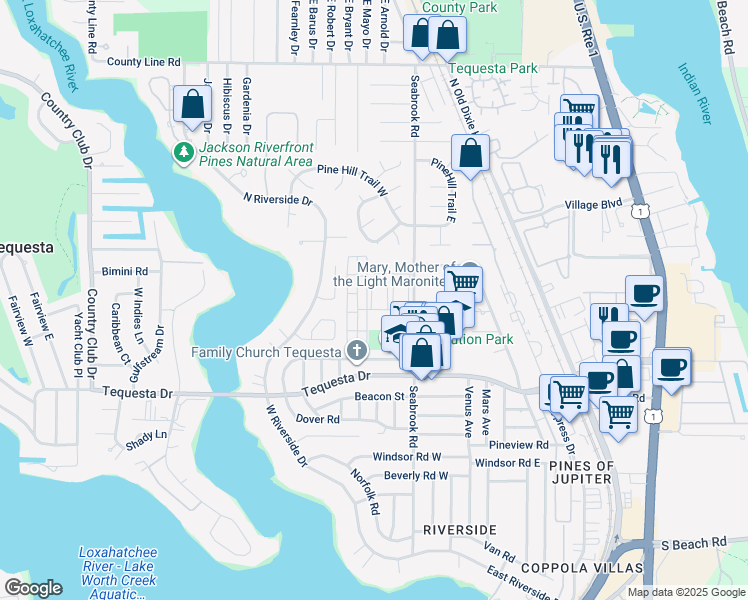 map of restaurants, bars, coffee shops, grocery stores, and more near 11 Westwood Avenue in Tequesta