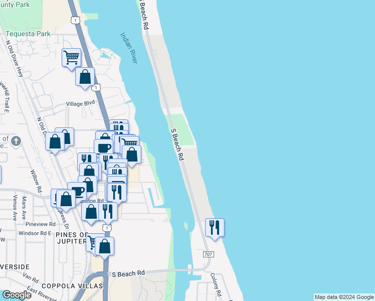 map of restaurants, bars, coffee shops, grocery stores, and more near 401-1599 South Beach Road in Jupiter