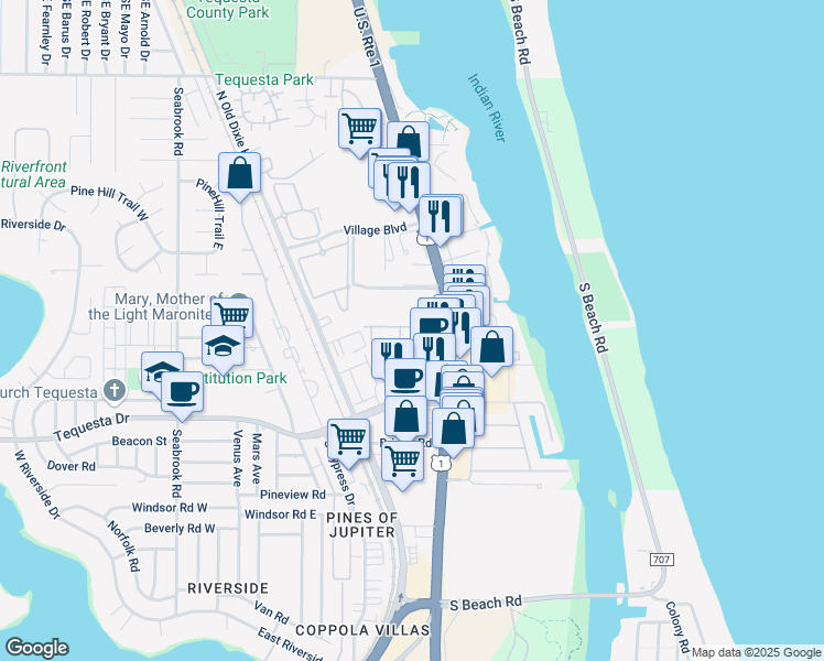 map of restaurants, bars, coffee shops, grocery stores, and more near 66 Tall Oaks Circle in Jupiter