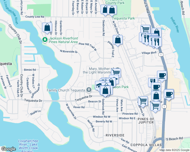 map of restaurants, bars, coffee shops, grocery stores, and more near 30 Shay Place in Jupiter