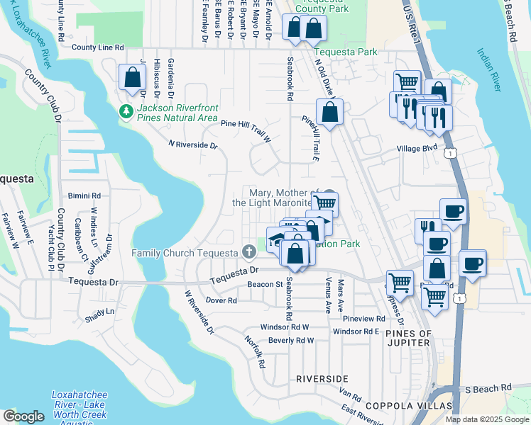 map of restaurants, bars, coffee shops, grocery stores, and more near 9 Westwood Avenue in Jupiter