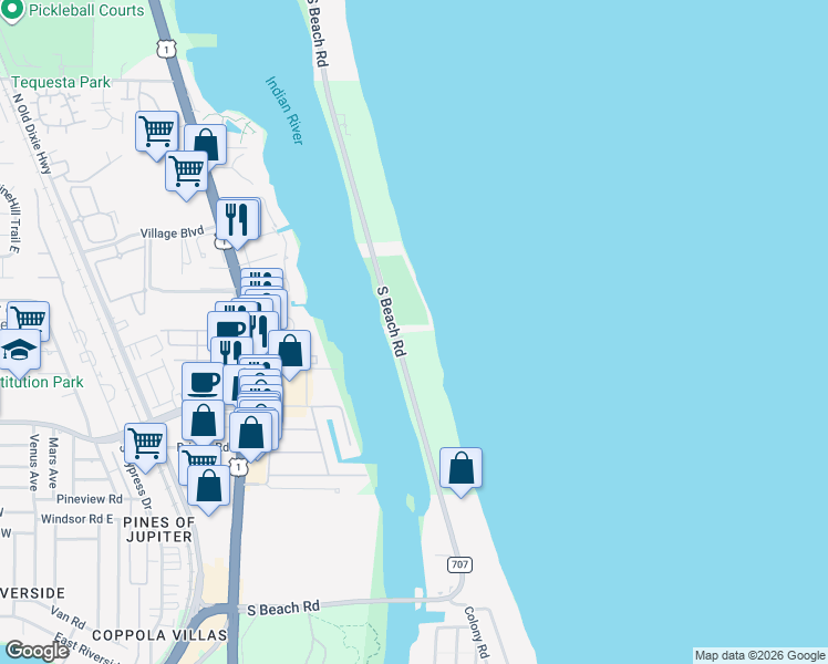 map of restaurants, bars, coffee shops, grocery stores, and more near 1550 South Beach Road in Jupiter