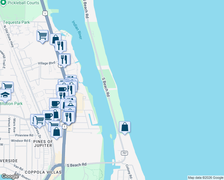 map of restaurants, bars, coffee shops, grocery stores, and more near 1550 South Beach Road in Jupiter
