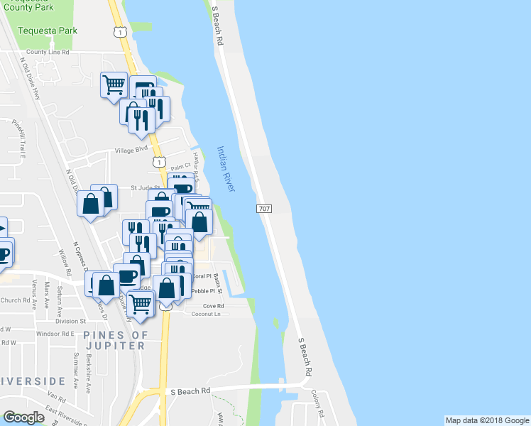 map of restaurants, bars, coffee shops, grocery stores, and more near 2106 South Beach Road in Tequesta