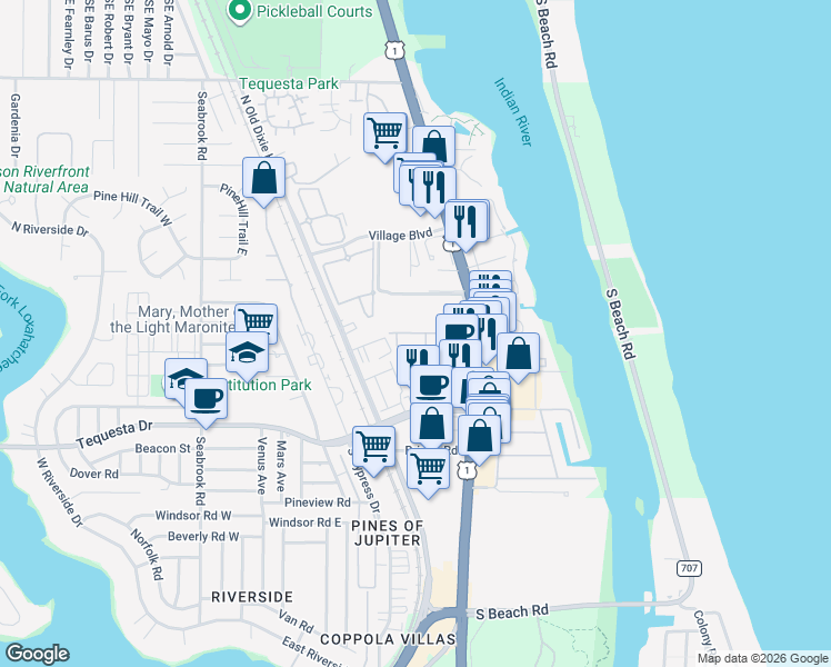 map of restaurants, bars, coffee shops, grocery stores, and more near 204 U.S. 1 in Tequesta