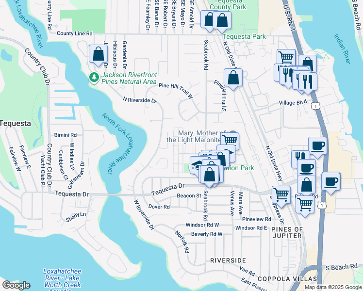 map of restaurants, bars, coffee shops, grocery stores, and more near 30 Shay Place in Jupiter