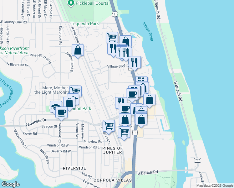 map of restaurants, bars, coffee shops, grocery stores, and more near 45 Live Oak Circle in Jupiter