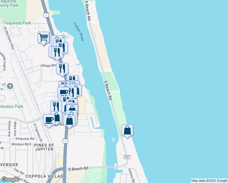 map of restaurants, bars, coffee shops, grocery stores, and more near 1550 South Beach Road in Jupiter