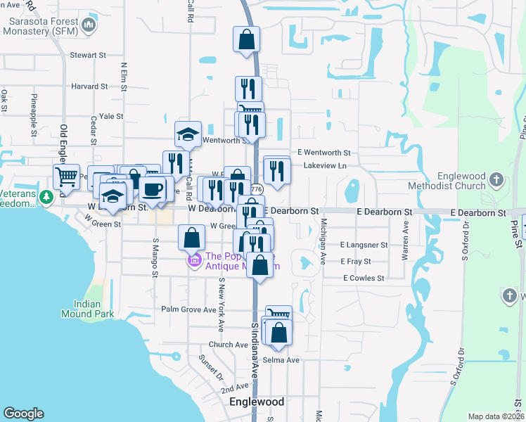 map of restaurants, bars, coffee shops, grocery stores, and more near in Englewood
