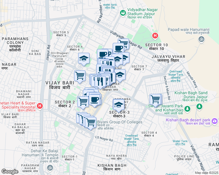 map of restaurants, bars, coffee shops, grocery stores, and more near Central Spine Road in Jaipur