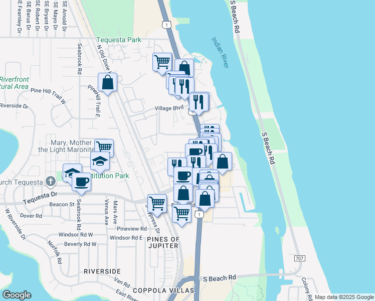 map of restaurants, bars, coffee shops, grocery stores, and more near 63 Tall Oaks Circle in Jupiter