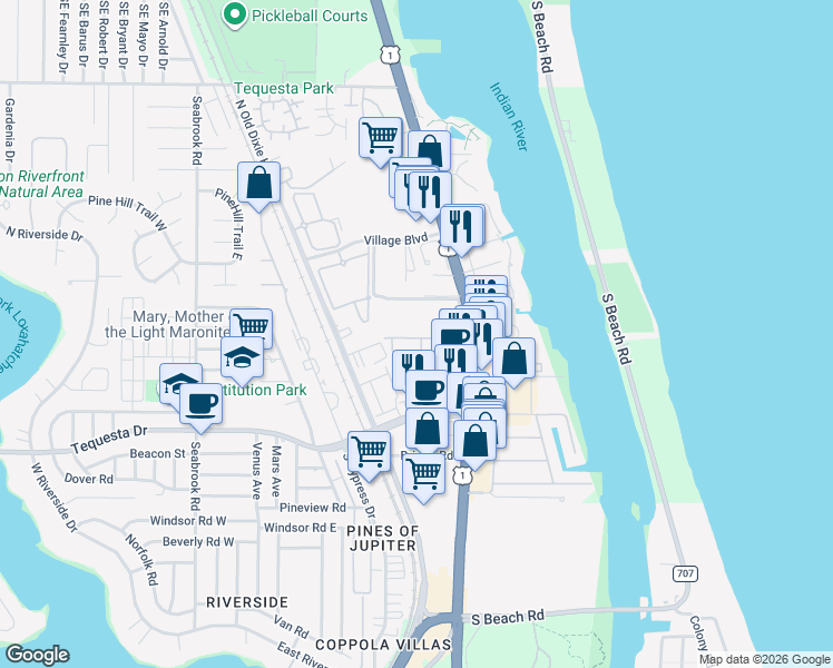 map of restaurants, bars, coffee shops, grocery stores, and more near 87 Live Oak Circle in Jupiter