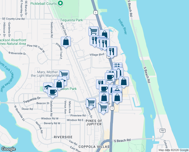 map of restaurants, bars, coffee shops, grocery stores, and more near 45 Live Oak Circle in Jupiter