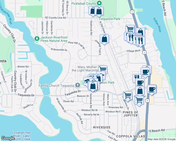 map of restaurants, bars, coffee shops, grocery stores, and more near 465 Seabrook Road in Jupiter