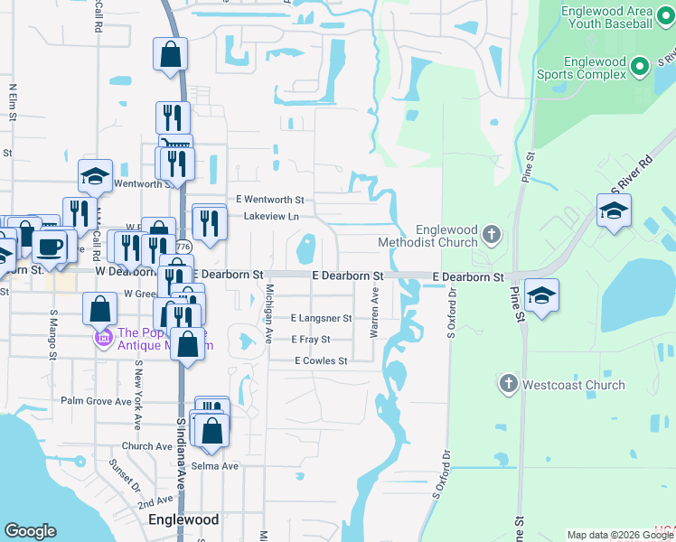 map of restaurants, bars, coffee shops, grocery stores, and more near 402 East Dearborn Street in Englewood