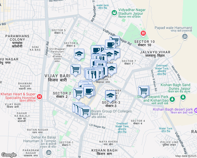 map of restaurants, bars, coffee shops, grocery stores, and more near Central Spine Road in Jaipur