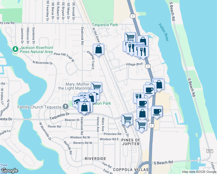 map of restaurants, bars, coffee shops, grocery stores, and more near North Cypress Drive in Jupiter